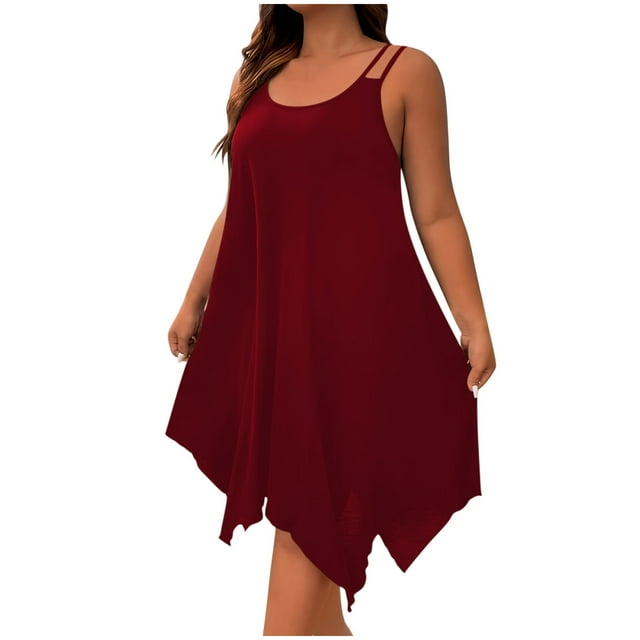 hotojiny Robes Grande Taille pour Femmes Rondes Décontractées Ourlet Mouchoir Sans Manches Tunique Fluide Hauts d'Été Col Rond Débardeurs de Plage