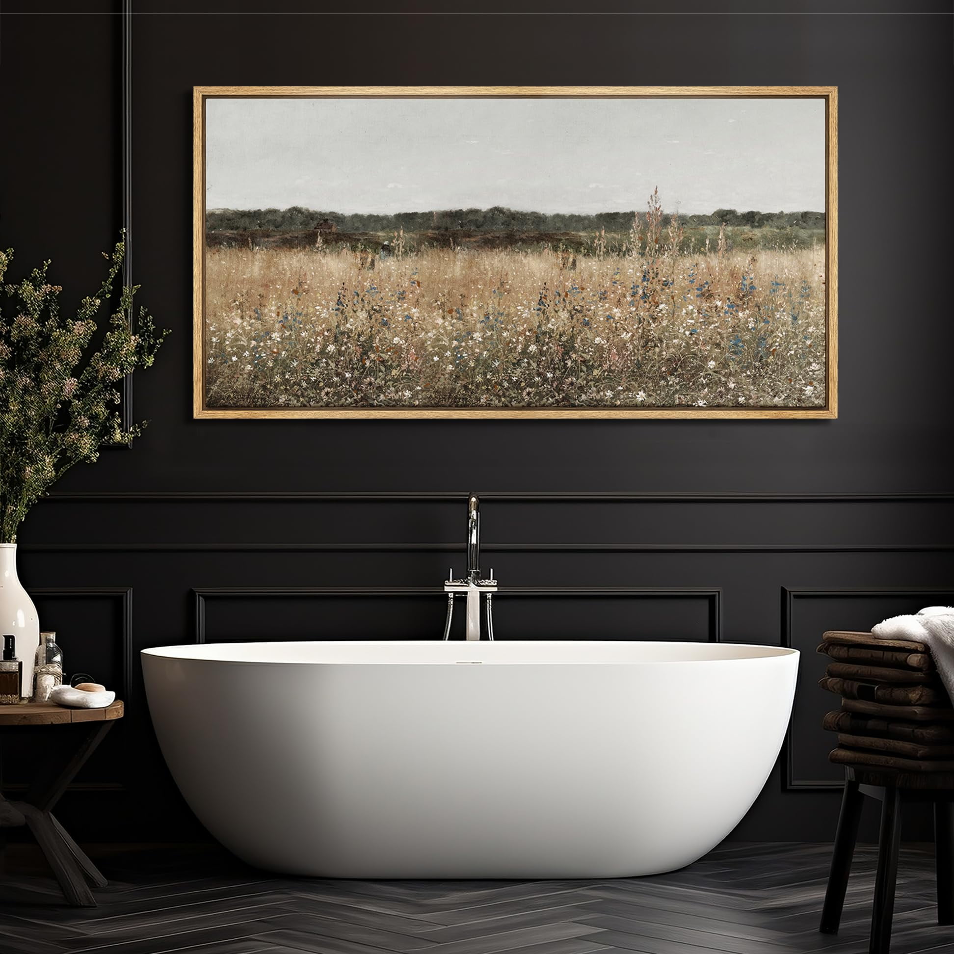 IDEA4WALL Extra Large Framed Canvas Print Wall Art Misty Morning Meadow with Wildflowers Classic Art Nature Wilderness Vintage Wall Decor Oversized Artwork Relax/Calm for Living Room - 60"x30"