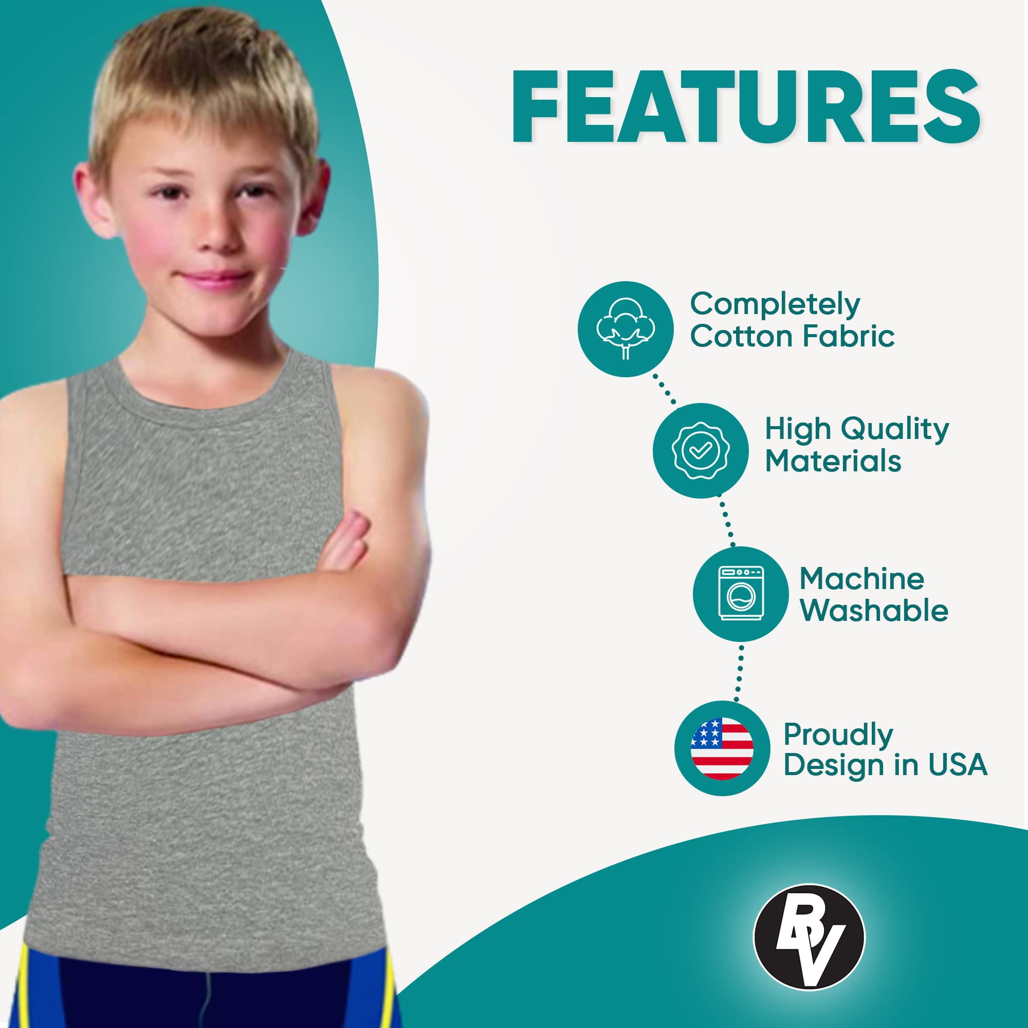 BROOKLYN VERTICAL Boys 4 Pack Undershirt Tank Top - Tagless Cotton Super Soft