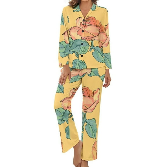 Rose Illustration Women's Long Sleeve Flannel Pajama Set Sleepwear S