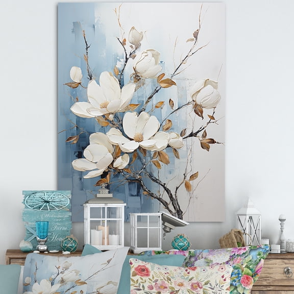 Designart "Painted Blue And Gold Magnolias I" Magnolias Canvas Wall Art