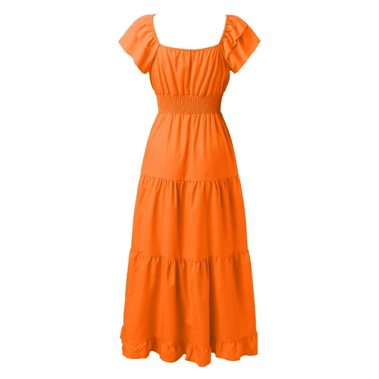 New V Neck Summer Fashion Ruffle Short Sleeve Large Swing Mid Length Dress  Long Summer Dresses Women Summer Dresses for Women Casual Active Dress  Woman Casual Daily Wear Dresses for Women Women