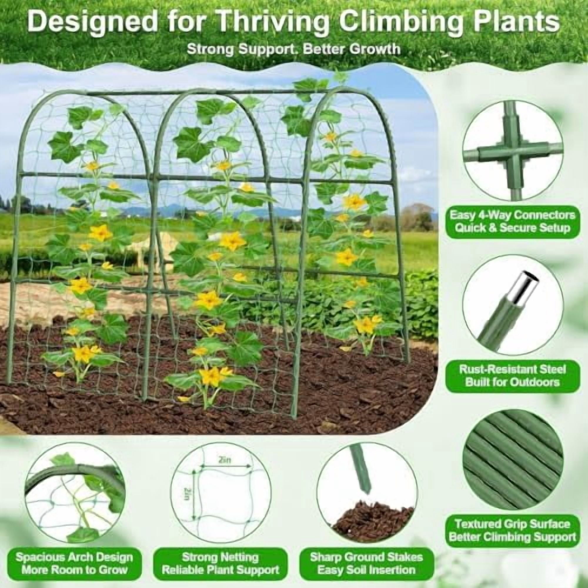Cucumber Trellis for Raised Bed Garden, U-Shape Arch Trellis for Climbing Plants Outdoor, Metal Vegetables Trellis with Netting, Garden Trellis for Cucumber Plants Sweet Pea Bean Grape