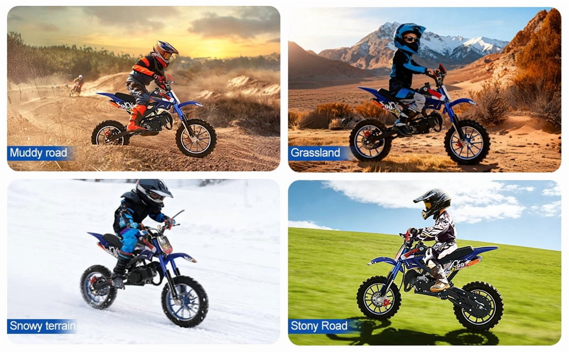 Korogimeeet Gas Powered Blue Mini Dirt Bike 49cc 2-Stroke, Hand-Pull Start, Inverted Hydraulic Suspension, 10 Inch Tires, 40KM/H Max Speed, 30 Min Range, 150kg, 47 x 30 Inch