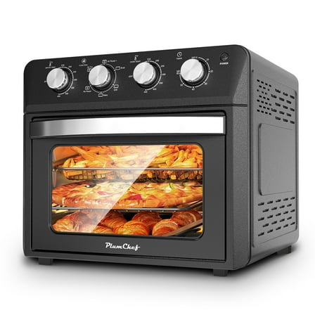 Plum Chef 27.5QT Air Fryer Toaster Oven Combo, 6-in-1 Countertop Convection Oven with Air Fry, Bake, Broil, Toast, Warm & Dehydrate, Includes Tray & Rack, Family Size, Stainless Steel Door, Black