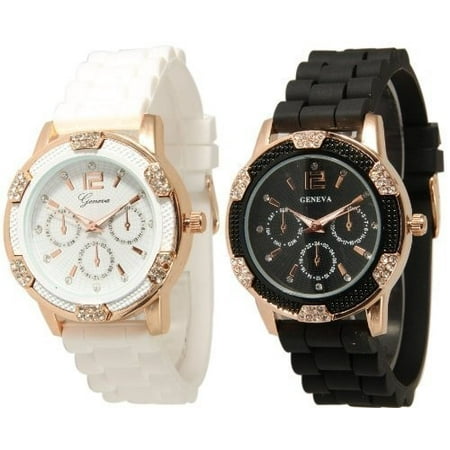 Geneva Black and White Faux Rhinestones Chronograph Silicone Watch