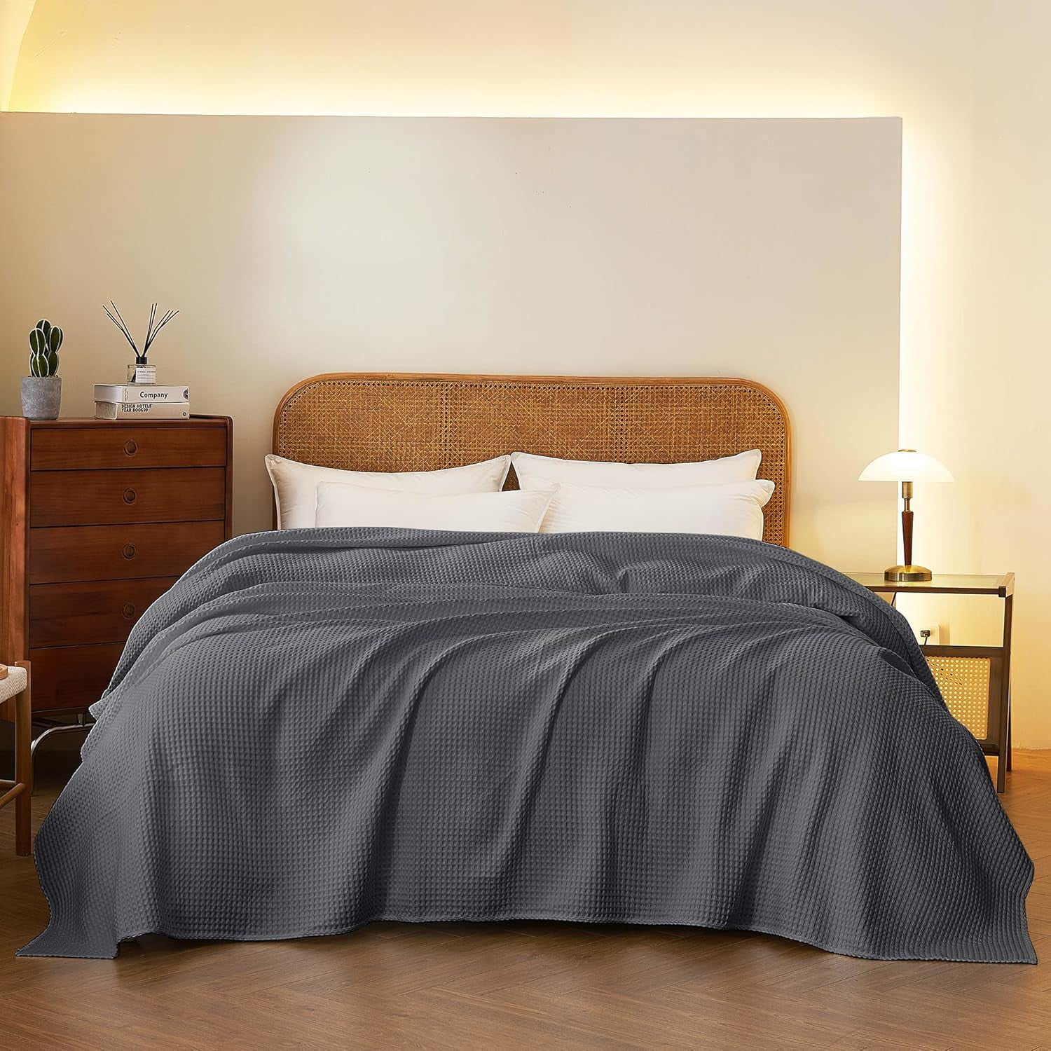 Shunjie.Home 100% Cotton Waffle Bed Blanket Twin Size, Throw Blanket for Couch All Seasons (Grey, 66x90)