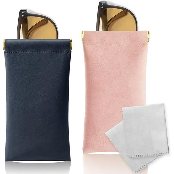 Glasses Case 2 Pack Soft Sunglass Case Portable Squeeze Top Leather Eyeglass Case Pouch