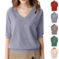thumbnail image 2 of Fanxing Women's Knit Sweaters Elbow Length Sleeve Tops Solid Color V Neck Pullover Jumpers Sweater Coffee,XXL, 2 of 8