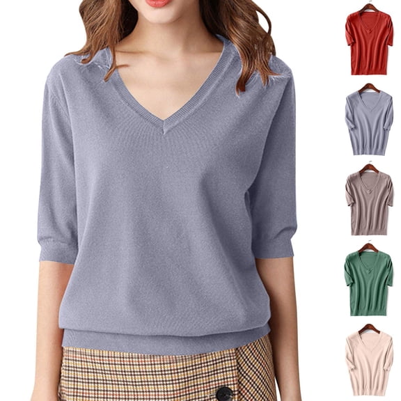 Antinious Blouses for Women Dressy Casual,Sweatshirt for Women,Short Sleeve Sweater for Women Solid Knitted V-Neck Trendy Fall Tops,Blue,L