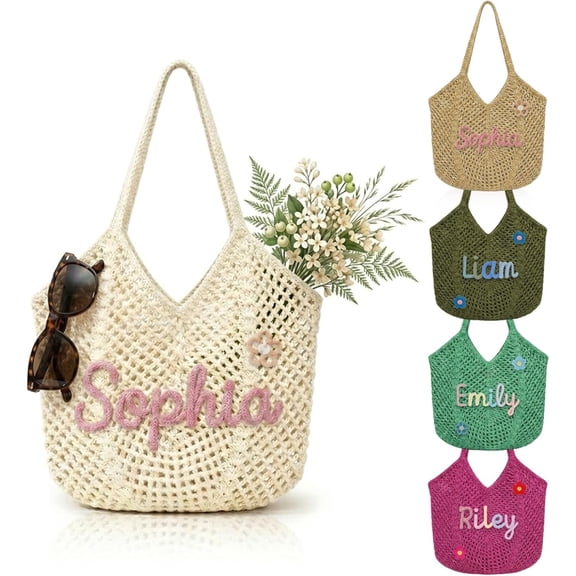 Personalized Crochet Beach Bag for Women, Summer Beach Bag Tote, Lightweight Mesh Travel Vacation Purse, Gift for Mom