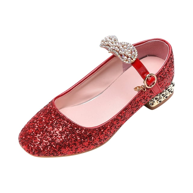 FAOWME Chaussures d'Été Fermées à Paillettes pour Petites Filles, Talon Bas, Chaussures de Princesse Brillantes, Chaussures Quotidiennes Rouges 12.5-13 Ans