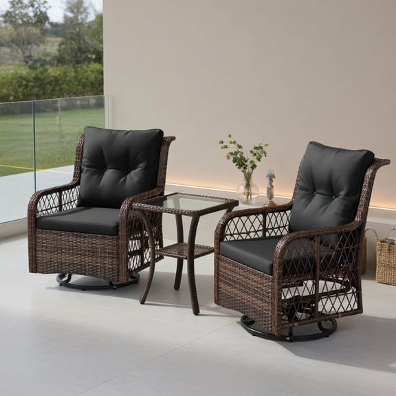 Yardi Yard 3 Pieces Patio Furniture Set with 2-Tier Side Table and Cushions, PE Wicker Swivel Glider Chairs for Outdoor as Yard, Black