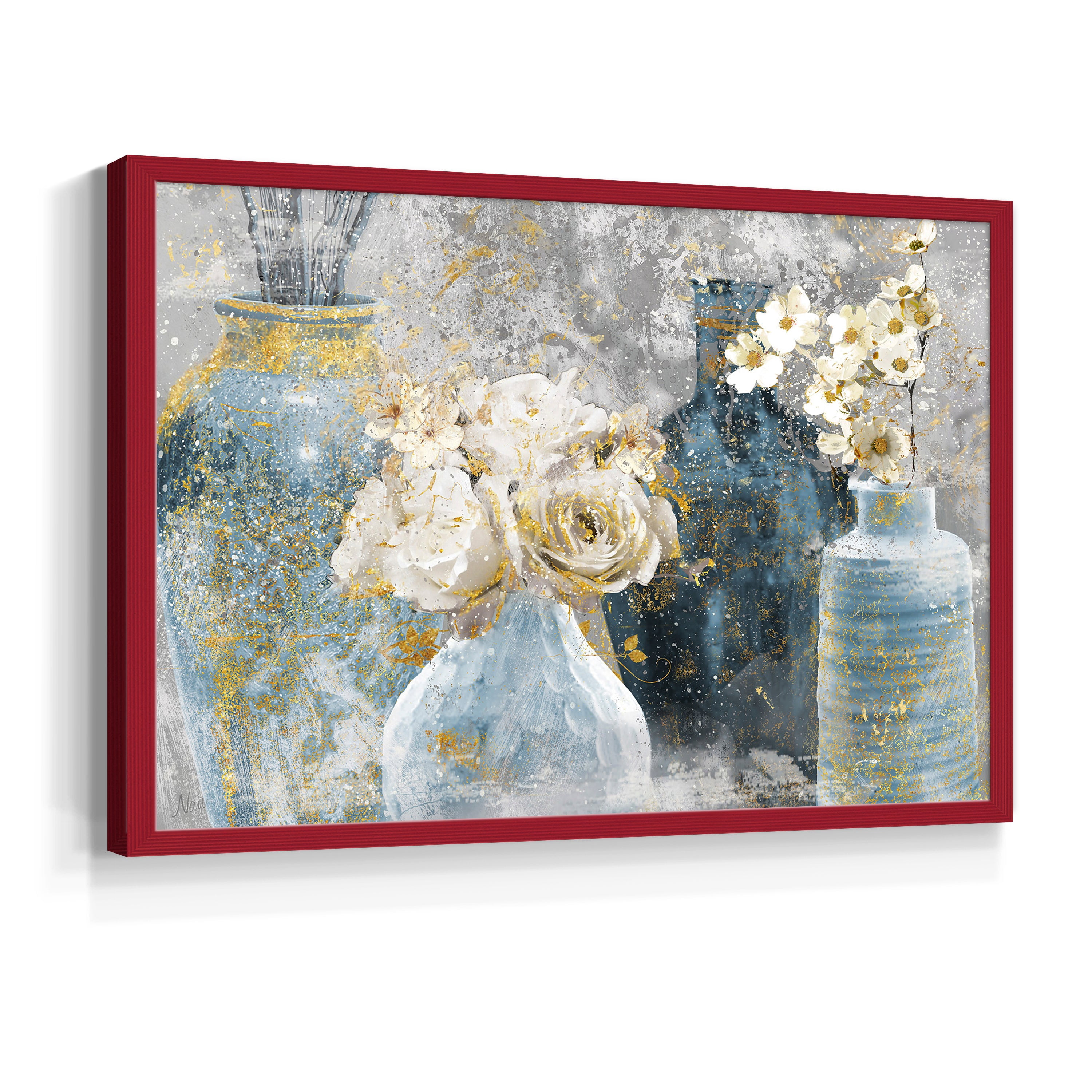 Vessels and Blooms Blues by Nan - Restickable Framed Giclée Print