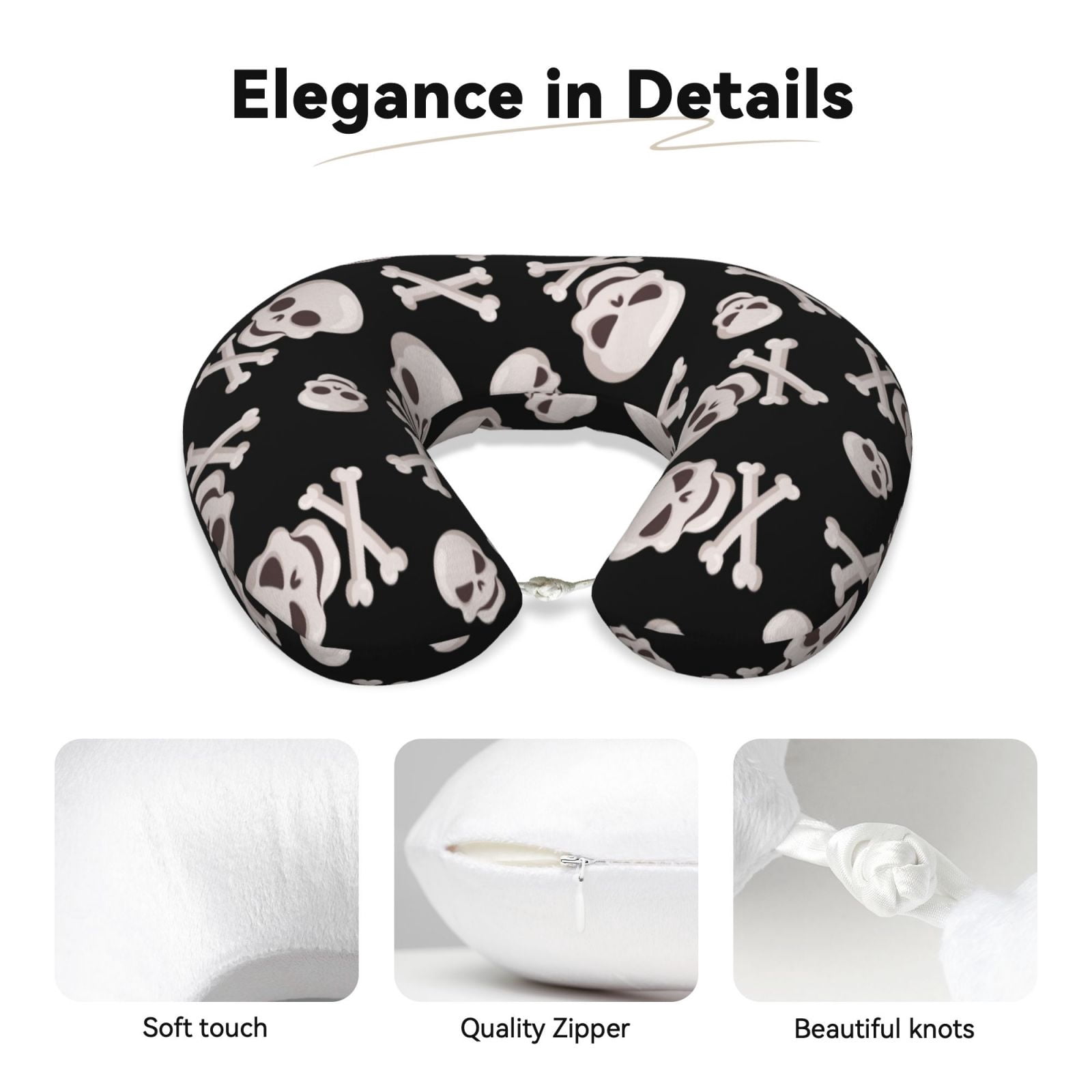 Xecao black white Skull bone Print Memory Foam Cervical Neck Pillow Versatile U-Shaped Pillows for Home,Office,Camping,Travelling,Soft Washable Cover
