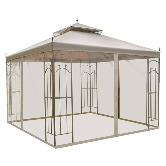 10x10 Steel Patio Gazebo Canopy - Brown with Mesh Curtains & Shelves - Outdoor Wedding Party Tent