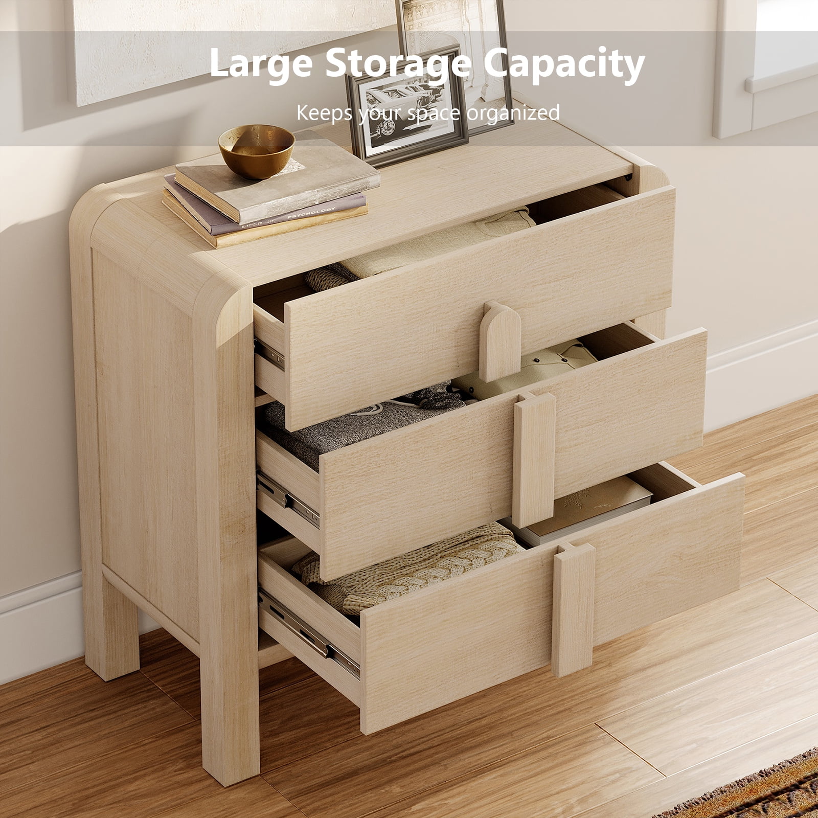 Mid-Century Modern Wood Nightstand with 3 Drawers ,31.5" Large End Table,Curved Bedside Table Storage Cabinet for Bedroom, Living Room,Entryway