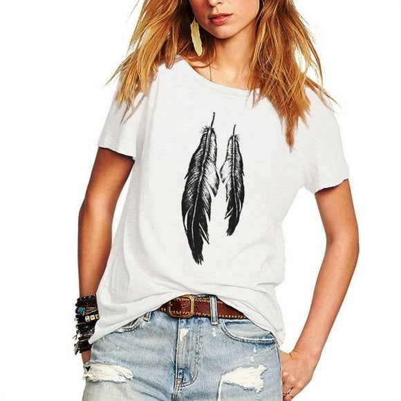 Women T Shirt Feathers Printed Short Sleeve T-Shirt Casual Loose Tops Tees