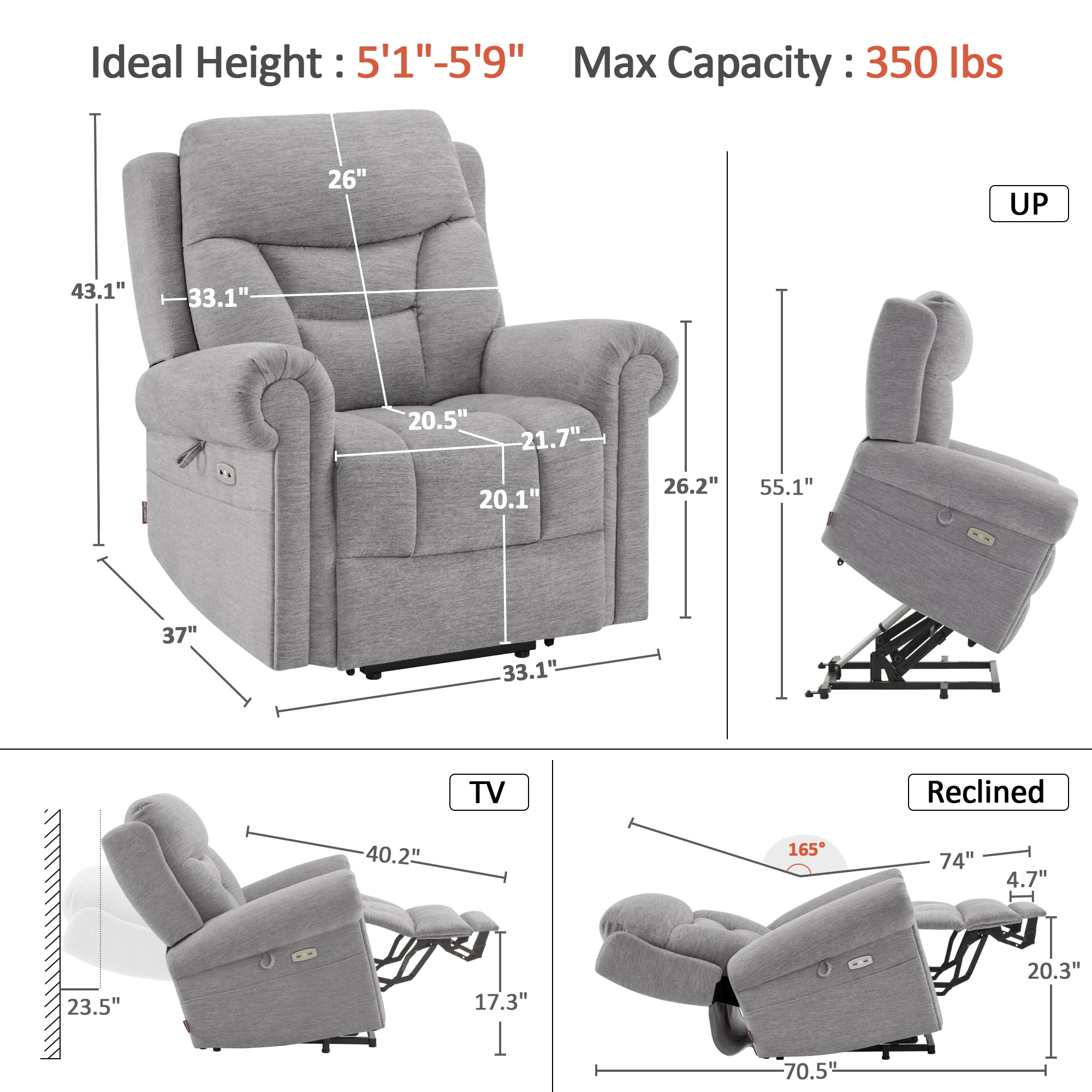 MCombo Dual Motor Power Lift Recliner Chair with Massage and Dual Heating for Senior, Fabric 7888 (Gray, Medium)