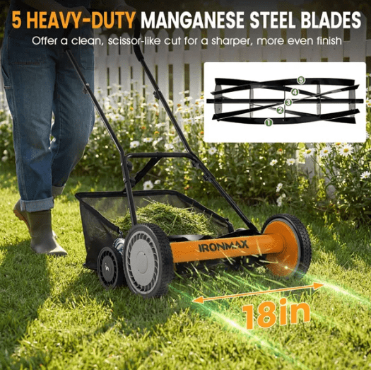18 Inch 5 Blade Push Reel Lawn Mower with Grass Catcher Manual Walk Behind 4 Level Height Adjustment Orange