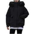 thumbnail image 2 of Crunowin Women Fashion Coat, Windproof Cotton Padded Solid Color Long Sleeve Zipper Faux Fur Hooded Winter Parka Coat Black M, 2 of 5
