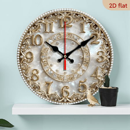 2D Flat 1pc 10Inch Wooden Luxury Pearl Mother-of-Pearl Wall Clock with Golden-Tone Roman Numerals Iridescent - 10 Inch Swiss Movement, Elegant White Face for Home, Office, Bedroom, Bathroom Deco