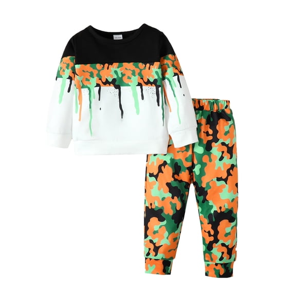 5T Baby Boys Clothes 6T Boys 2PCS Camo Outfits Set Round Neck Little Boys Long Sleeve Top Camo Pants Set White