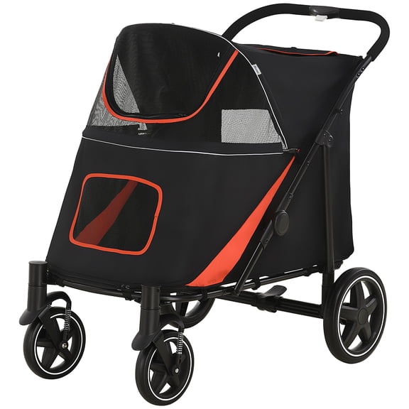 Foldable Doggy Stroller for Medium Large Dogs, Pet Stroller with Storage, Smooth Ride with Shock Absorption, Mesh Window & Safety Leash, Black