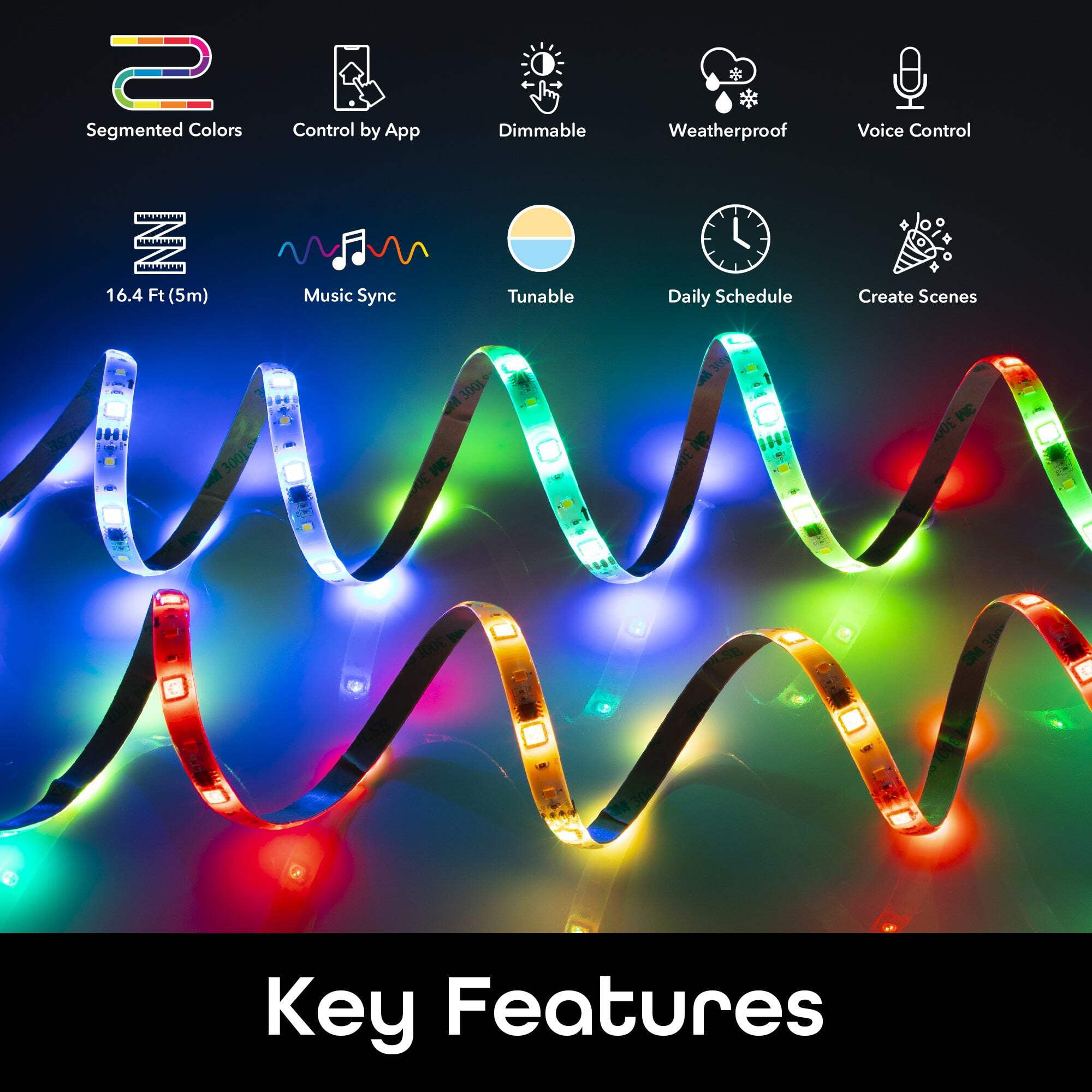 Geeni Prisma Symphony Smart LED Strip Lights, RGBIC with App Remote Control and Music Sync, 16.4 ft
