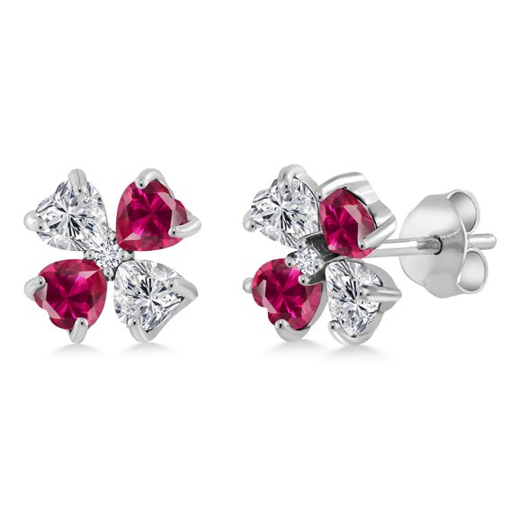 Gem Stone King 925 Sterling Silver Lab Grown Diamond and Red Created Ruby Stud Earrings for Women | 2.15 Cttw | Gemstone April Birthstone | Heart Shape 4MM