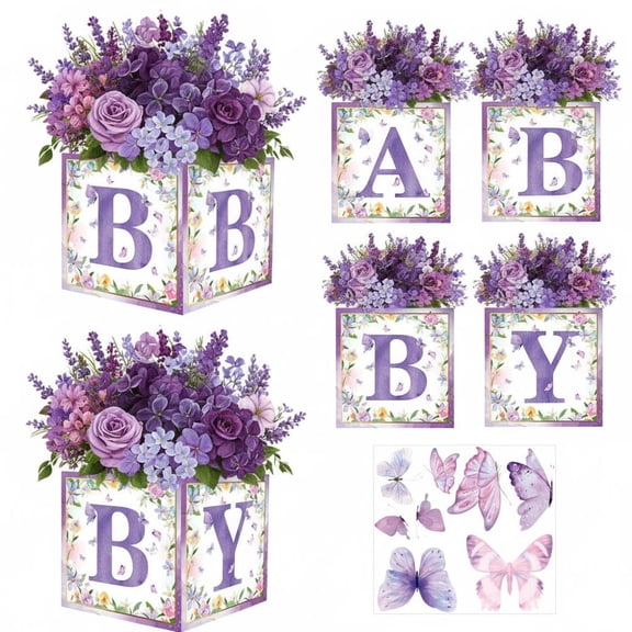 Purple Butterfly Floral Baby Shower Boxes Decorations - 4 Baby Shower Centerpiece Boxes and 8 butterflies Gender Reveal First Birthday Centerpiece Decors (Without Flowers)