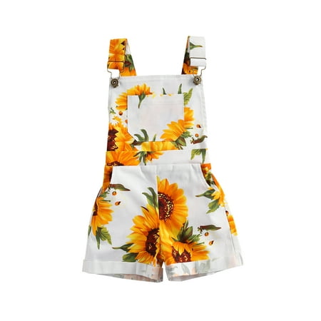 

2-7Years Summer Kids Girl s Overalls Rompers Sunflower Print Suspender Shorts with Pockets Outfits