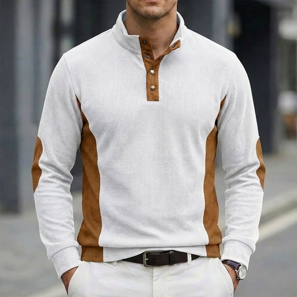 Ceisia Men's Loose Fit Long Sleeve Henley Shirts with Color Block Patchwork, Stretch Cotton Blend Stand Collar Casual Tops Gifts