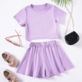 thumbnail image 2 of Fesfesfes Children's Casual 2 Piece Summer Outfits Short Sleeve Round Neck Button Top and Solid Color Elastic Waist Shorts,Matching Sets for Girls,School Beach Clothing(Purple,5 Years), 2 of 8