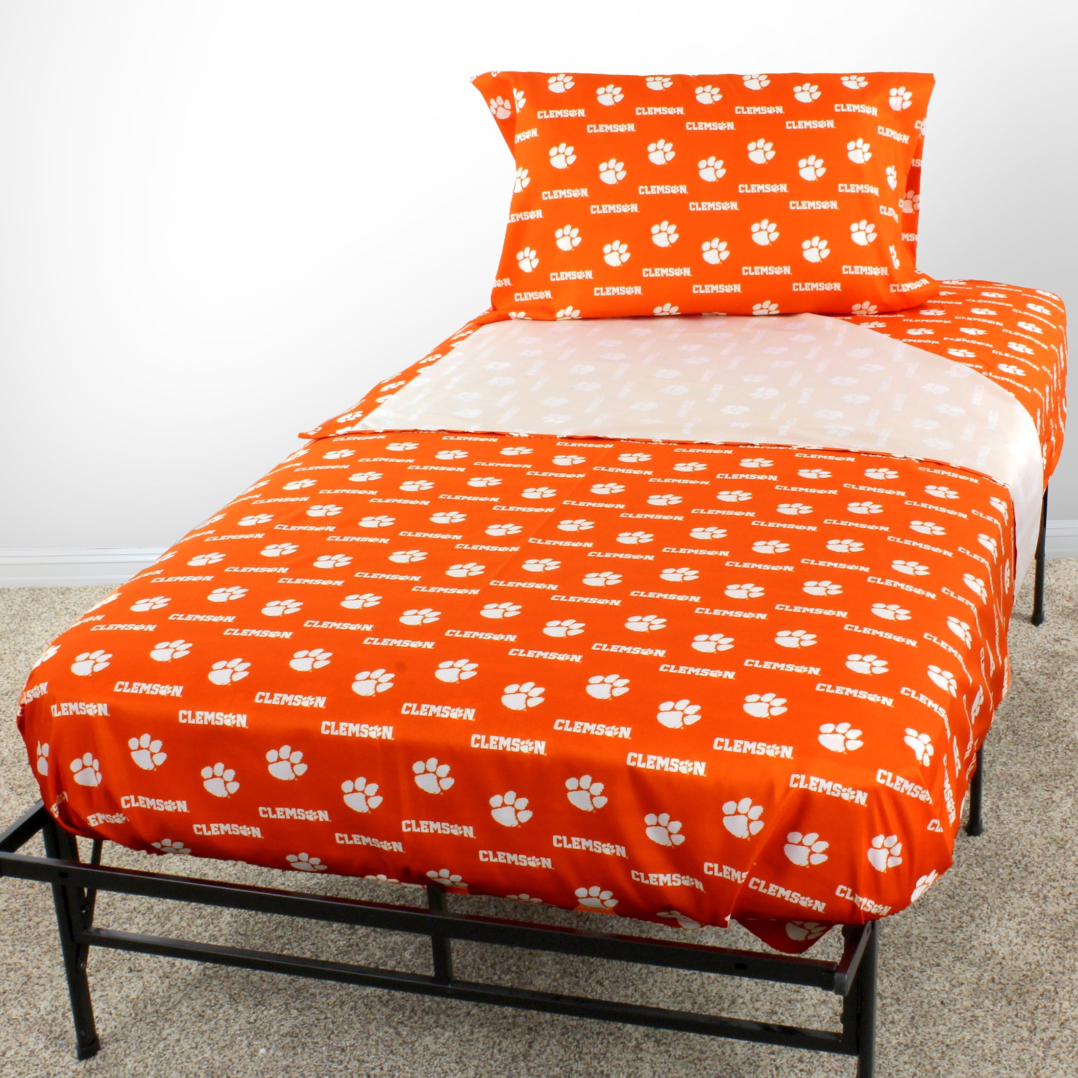 Clemson Tigers 100% cotton, 4 piece sheet set - flat sheet, fitted sheet, 2 pillow cases, Full, Team Colors