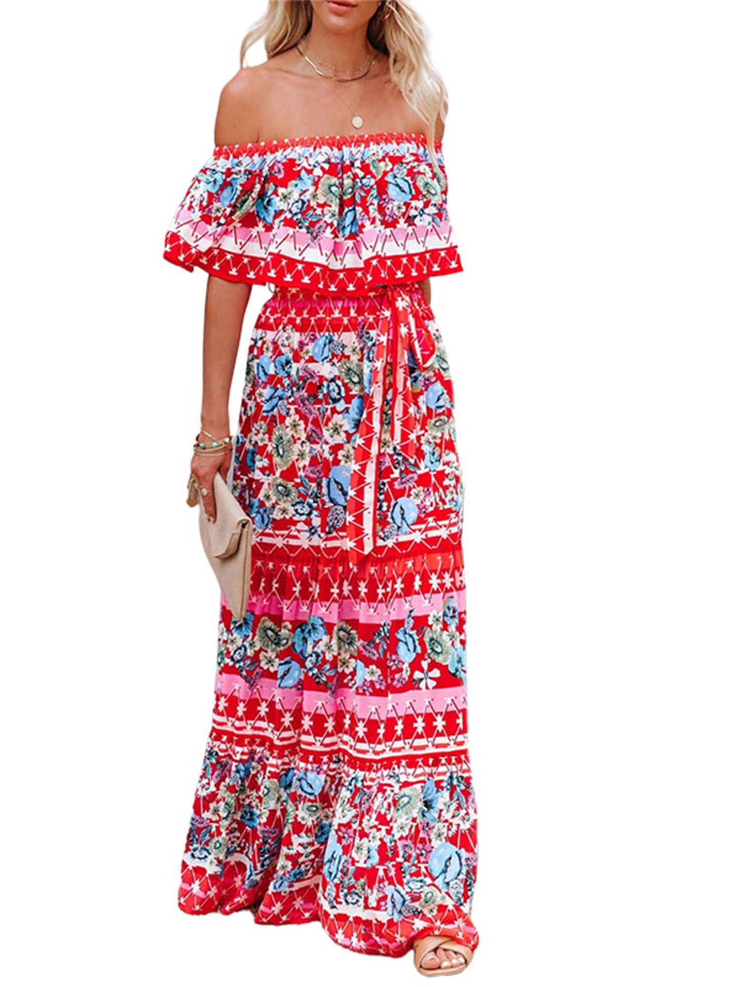 Lumento Summer Sun Dress For Womens Floral Printed Hawaiian Beach Dress Off Shoulder Maxi Dress