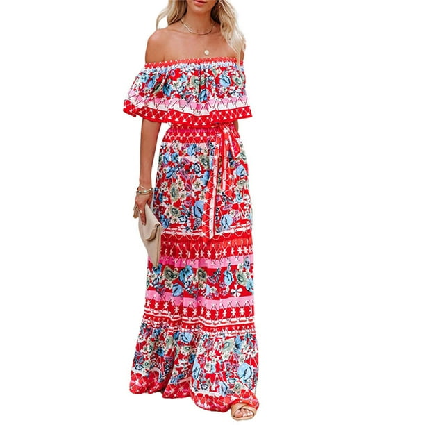 Lumento Summer Sun Dress for Womens Floral Printed Hawaiian Beach Dress Off Shoulder Maxi Dress