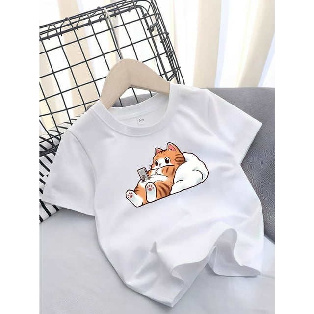 Adorable Kitty Print Cotton Tee for Girls - Comfy & Casual Short Sleeve T-Shirt, Perfect for Summer