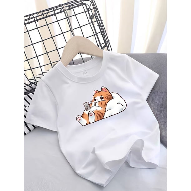 Adorable Kitty Print Cotton Tee for Girls - Comfy & Casual Short Sleeve T-Shirt, Perfect for Summer