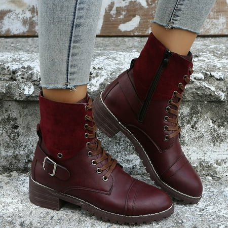 

Ankle Boots Fashion Women Color Matching Autumn Square Heels Zipper Short Booties Round Toe Shoes