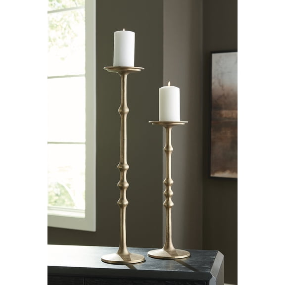 Signature Design by Ashley Larwick Candle Holder Set of 2, Antique Brass Cast Aluminum Pillar Candle Stands