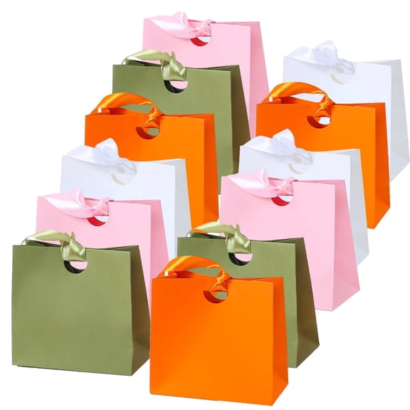 12Pcs Paper Small Gift Bags With Ribbon Handles Bulk Reusable For Gift Wrap Girls Kids Birthday Bridal Shower Party Favors Goodie Bags 6"x3"x 5.7"