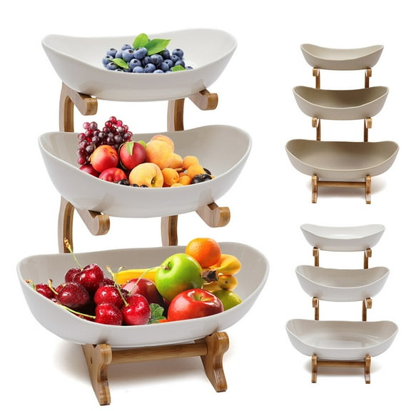 SHZICMY 3-Tier Kitchen Fruit Tray Ceramic Vegetable Fruit Basket Bowl w/Wood Shelf
