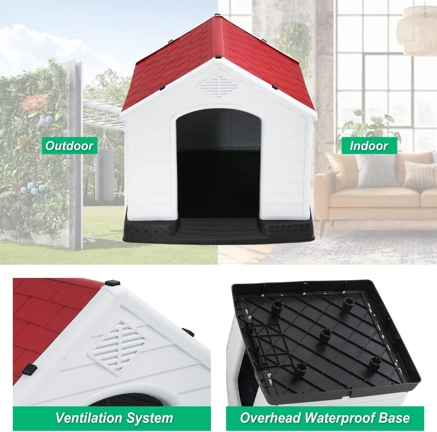 FDW Red Waterproof Plastic Pet House Indoor Outdoor Ventilated Shelter for Large Pets 41"L x 37"W x 39"H