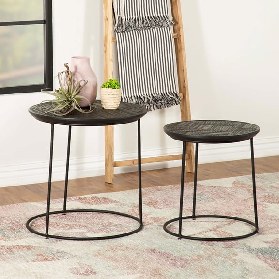 Contemporary Nesting Tables, Matte Black Finish, Mango Tops & Metal Base, For Living Room 2 Wood Metal, Stylish Area