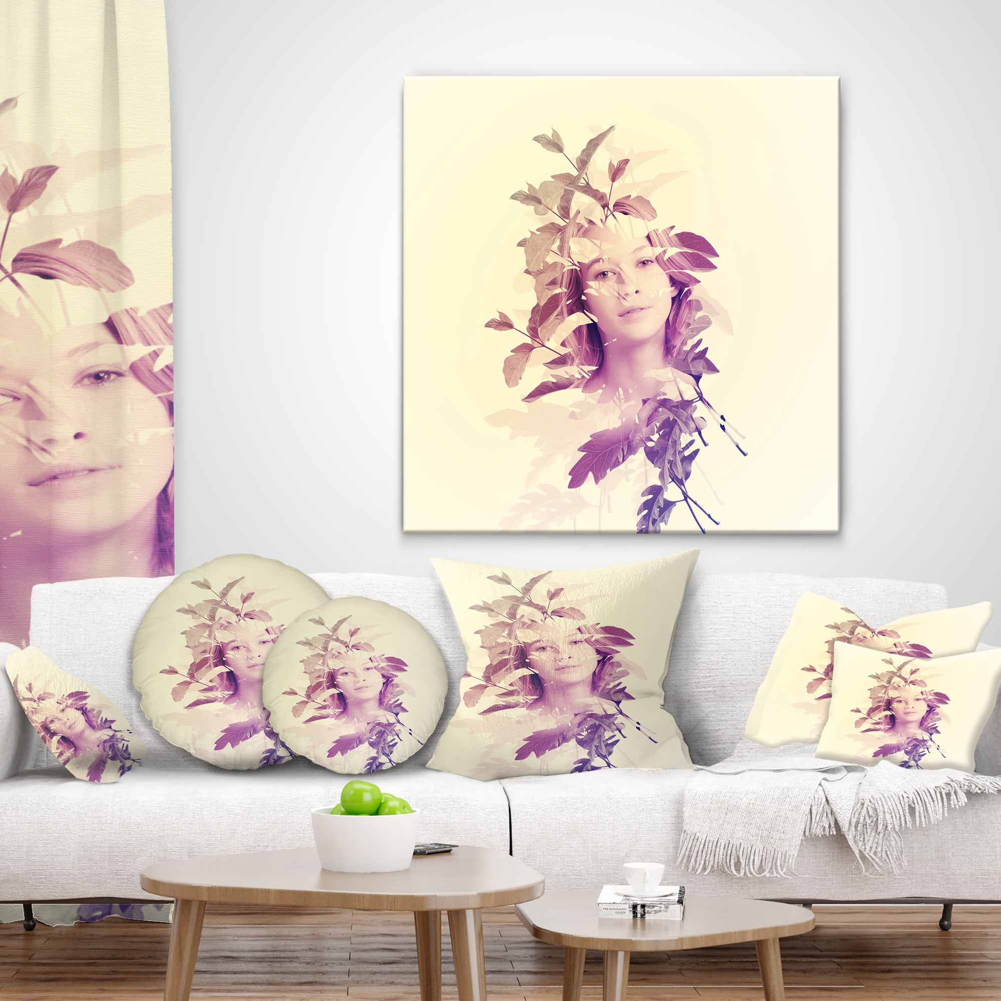 Designart Woman Portrait with Leaves - Portrait Throw Pillow - 16x16