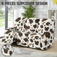 thumbnail image 3 of ZIATUBLES Cow Print Recliner Cover for 3 Cushion Reclining Sofa, Stretch Brown White Recliner Couch Covers with Storage Pockets Set of 8, Soft Washable Furniture Protector for Pets, 3 of 9