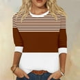 thumbnail image 2 of Womens 3/4 Length Sleeve Tops Fall Striped Trendy Casual Loose Fit Crewneck Sweatshirts Basic Work Daily Wear Tops,Brown 1,M, 2 of 3