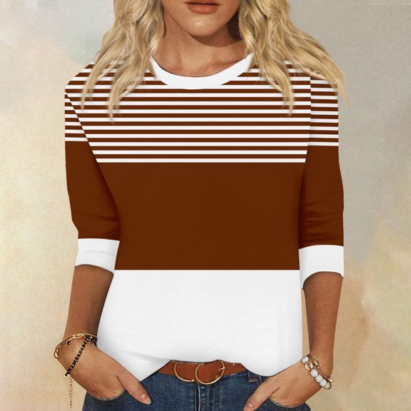 CLOISE Womens Shirts Fall Fashion Striped Tees Round Neck 3/4 Sleeve Tops Casual Color Block Basic Shirts Flowy Outfits Brown XL