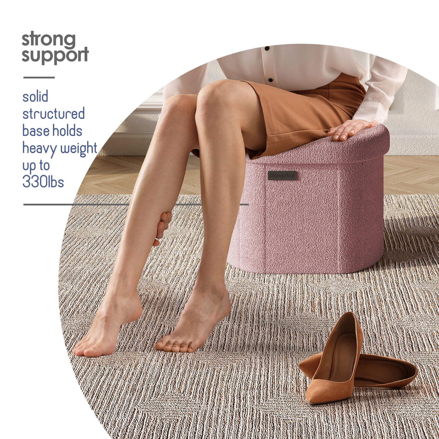 Hearth & Harbor Oval Storage Ottoman Bench, Boucle 16" Ottoman with Storage , Pink